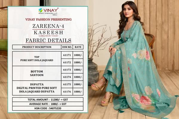 Vinay Kaseesh Zareena 4 Jacquard Designer Wear Salwar Suits Collection